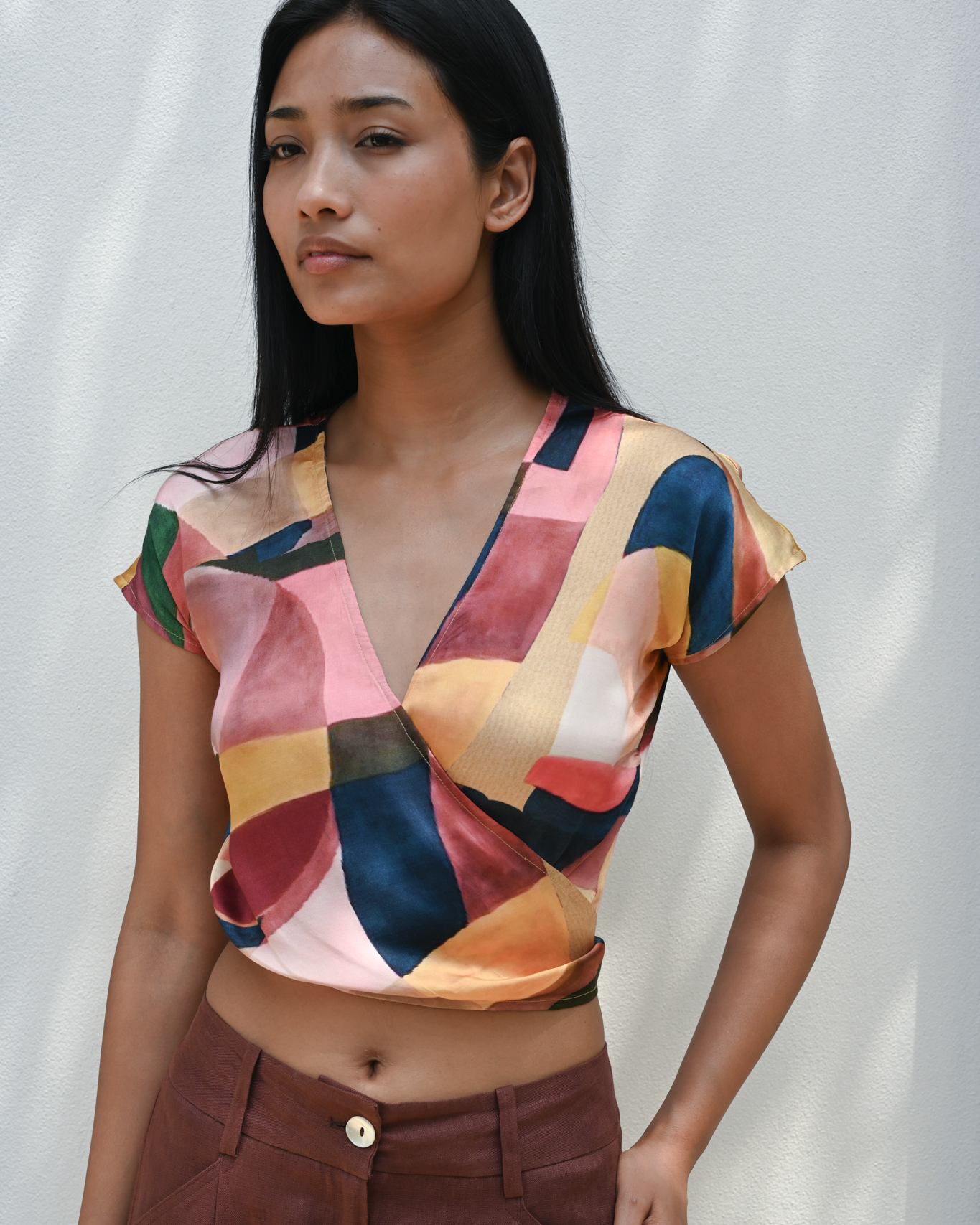 Wrap Crop Top Pink Art Deco Silk