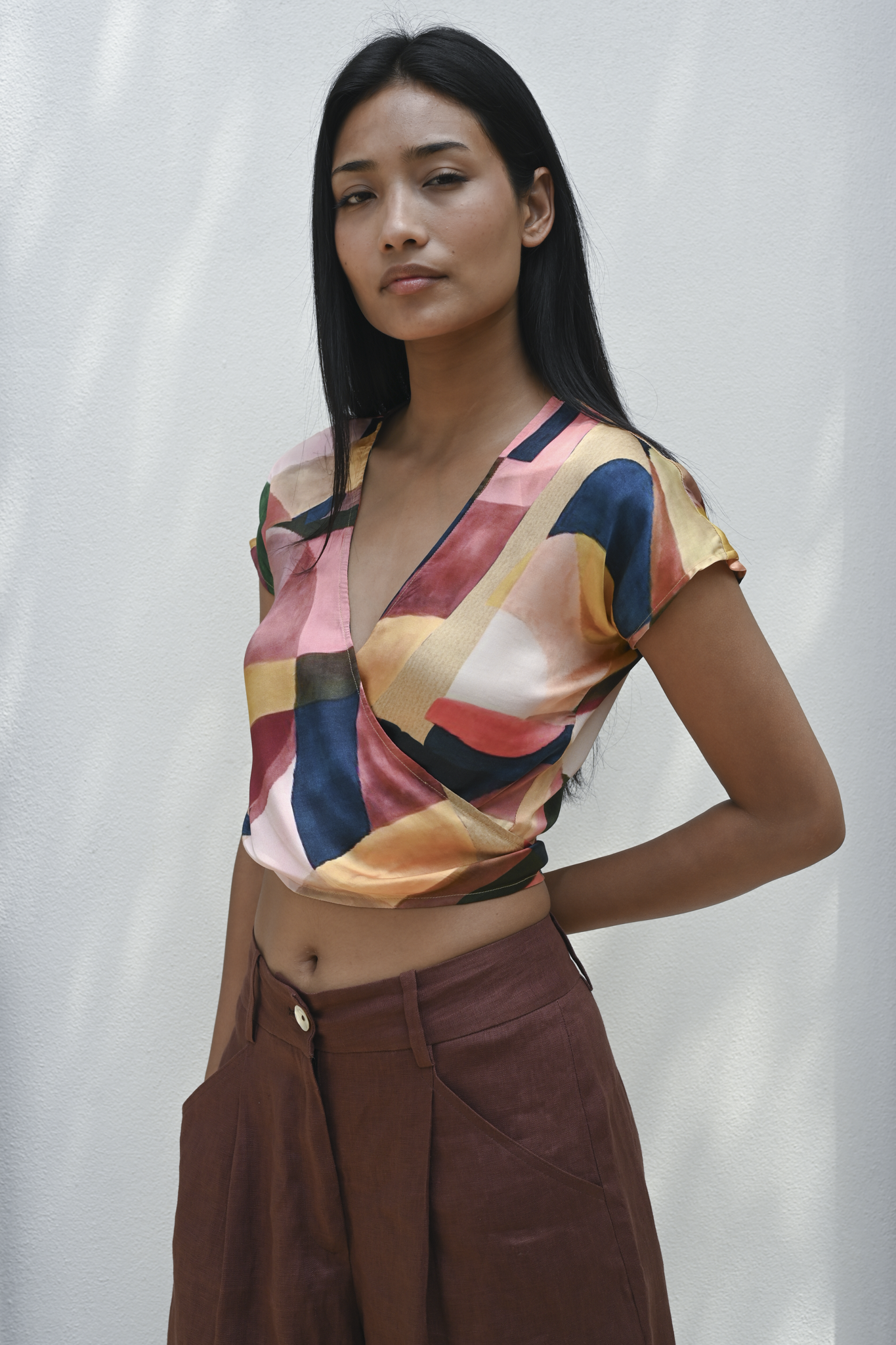 Wrap Crop Top Pink Art Deco Silk