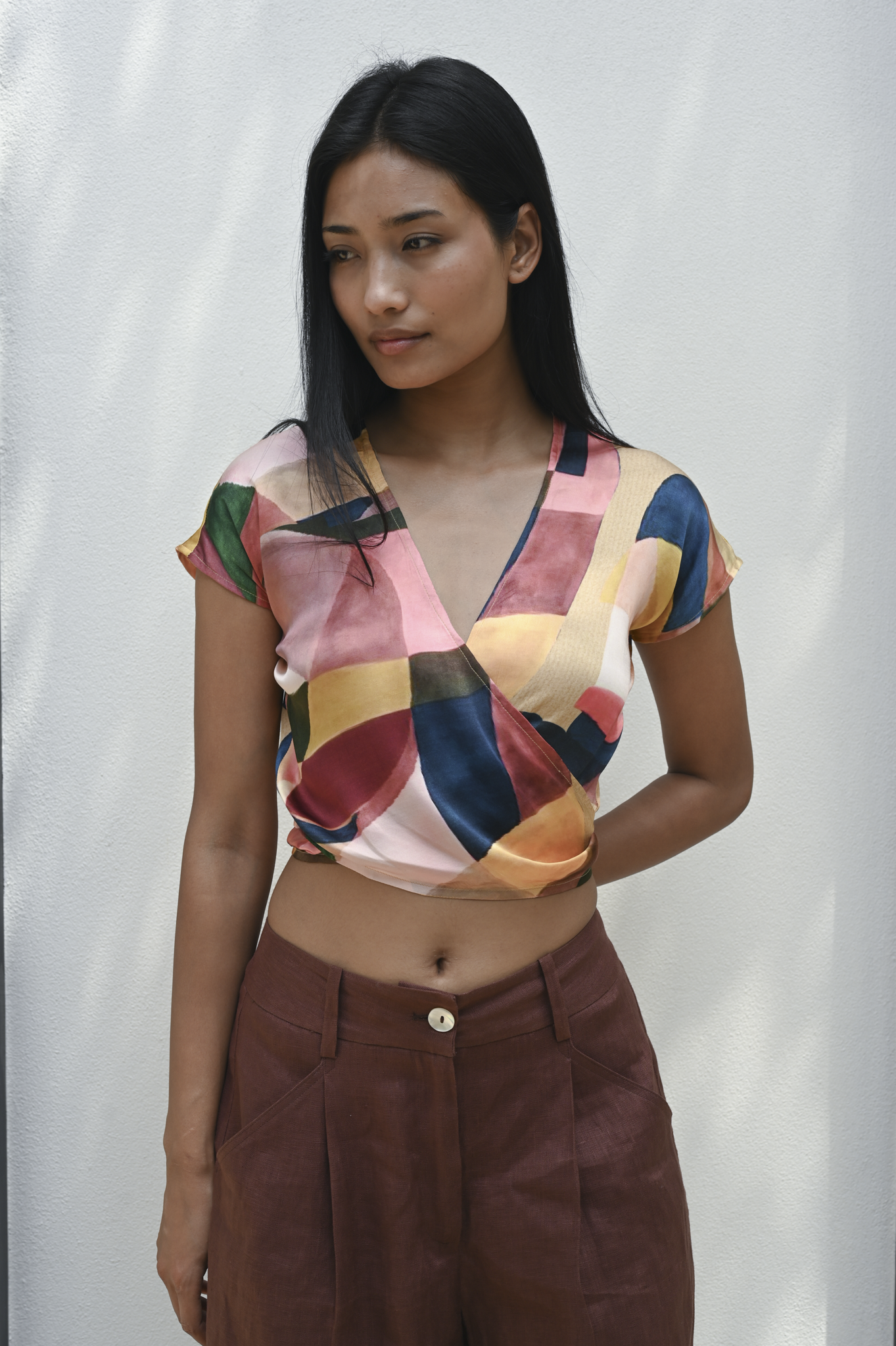 Wrap Crop Top Pink Art Deco Silk