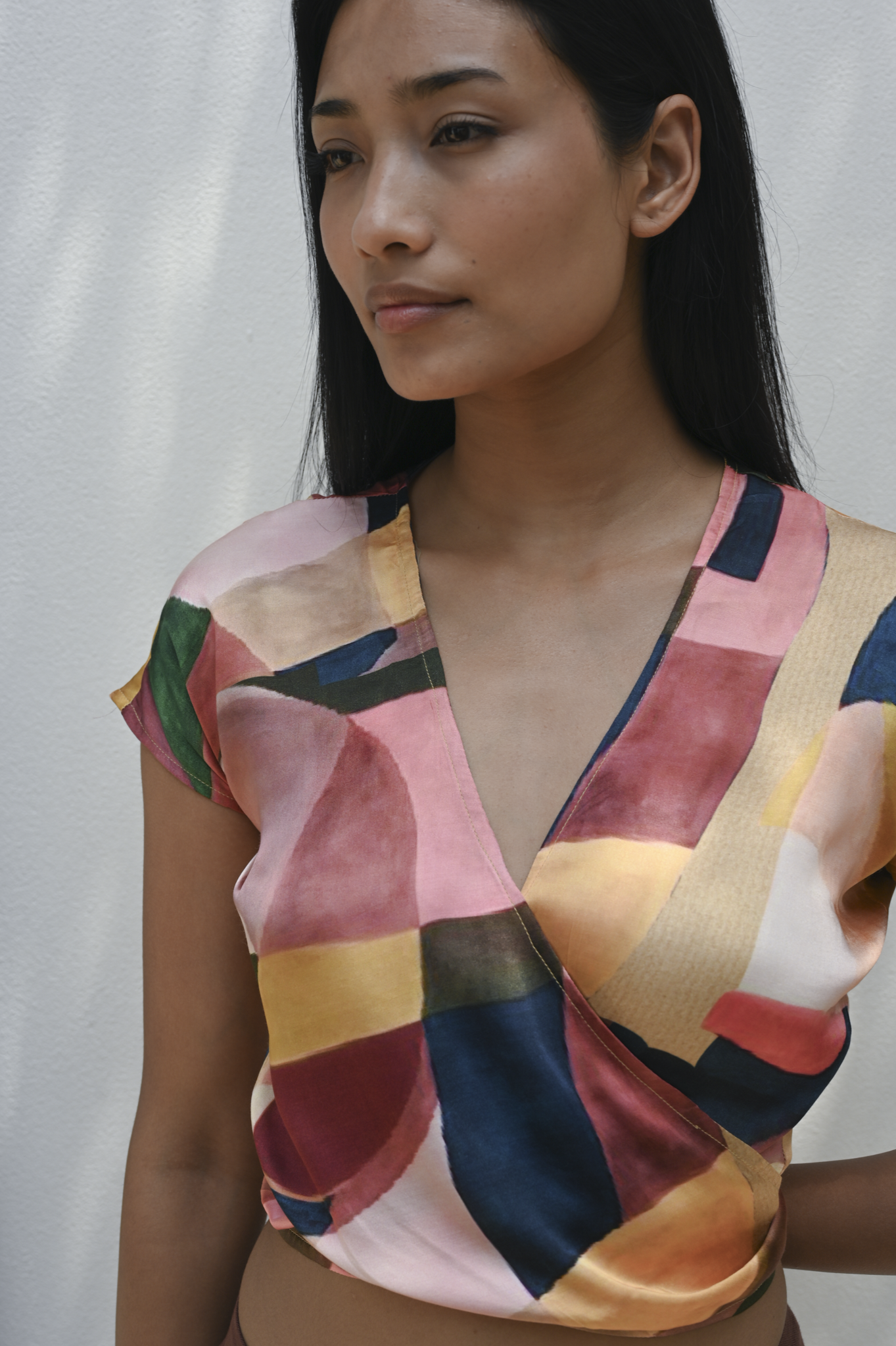 Wrap Crop Top Pink Art Deco Silk