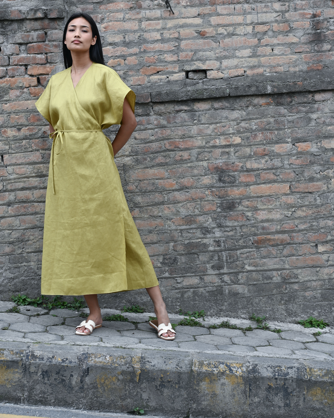 Wrap Dress Mehendi Linen